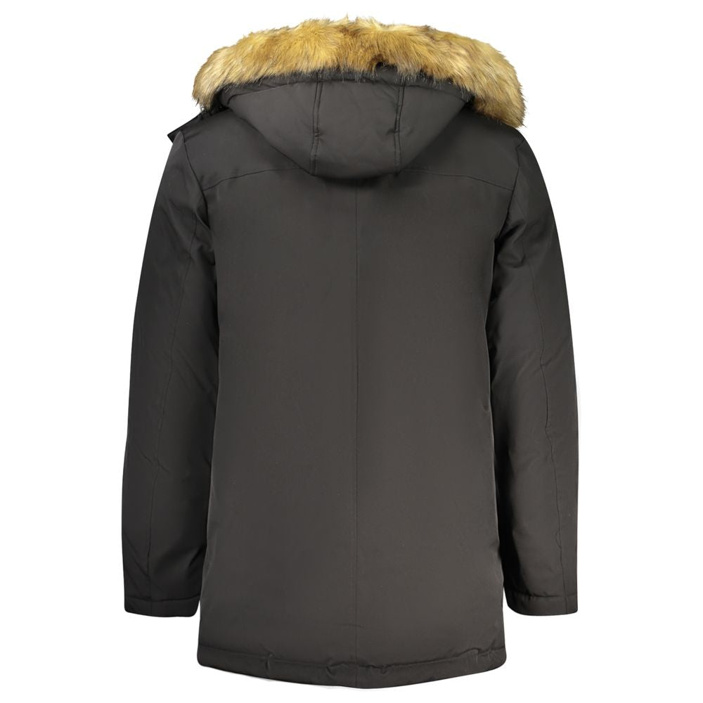 Veste homme Guess Jeans noire en polyester, style décontracté avec fermeture éclair et col montant, vue de face.