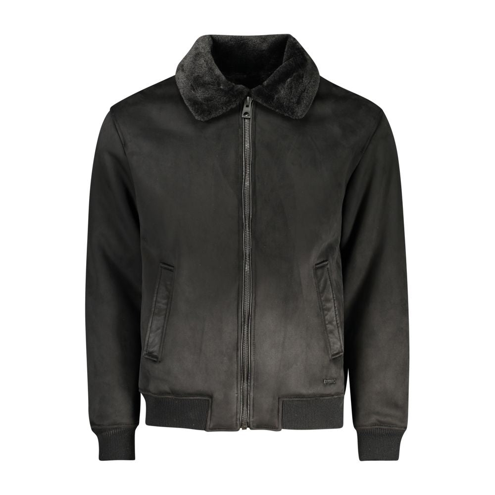 Veste en cuir noir Guess Jeans pour homme, style moderne en polyester, vue de face avec fermeture éclair et col montant.