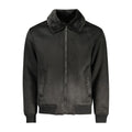 Veste en cuir noir Guess Jeans pour homme, style moderne en polyester, vue de face avec fermeture éclair et col montant.