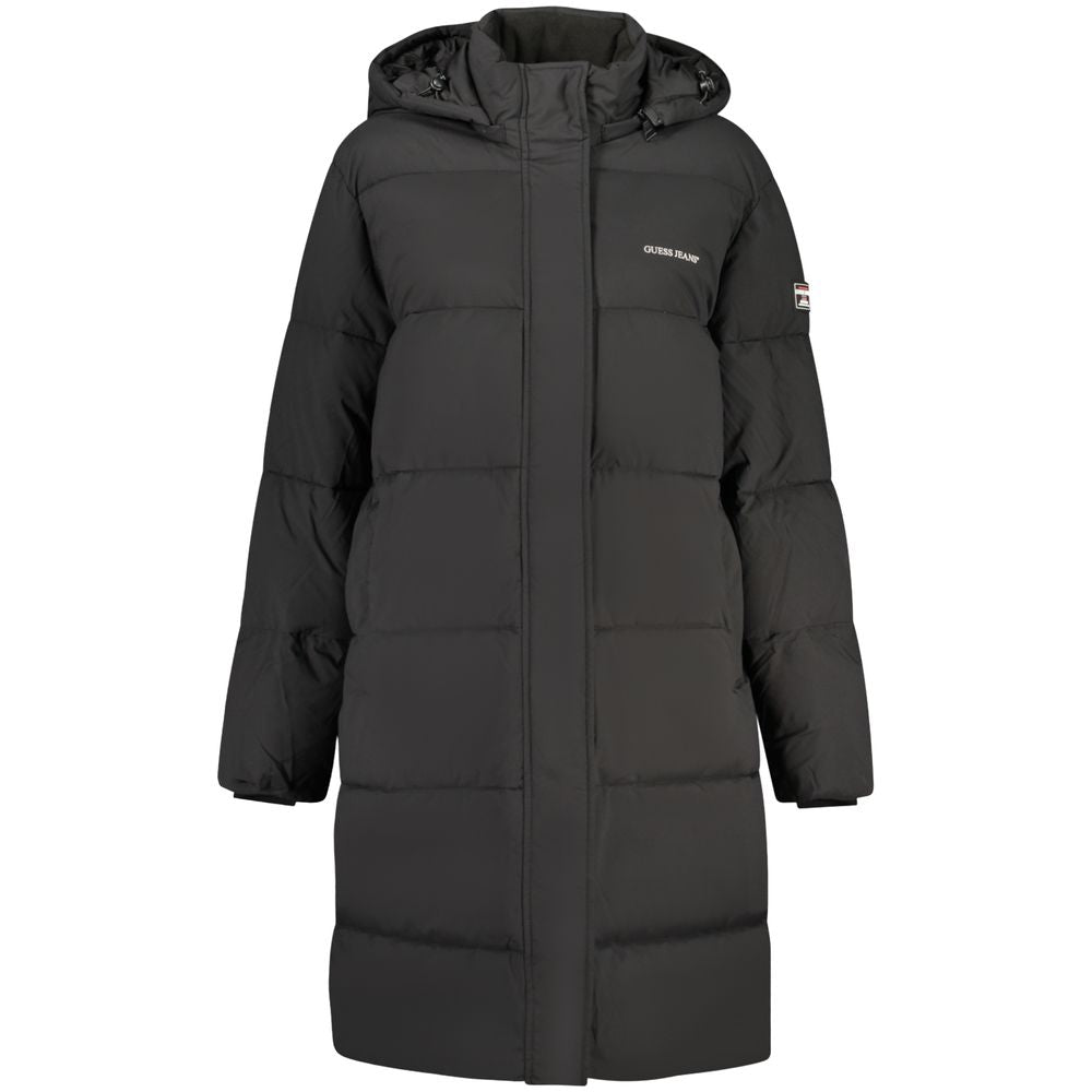 Veste pour femme Guess Jeans en polyester noir avec fermeture éclair et col montant, style décontracté et tendance.