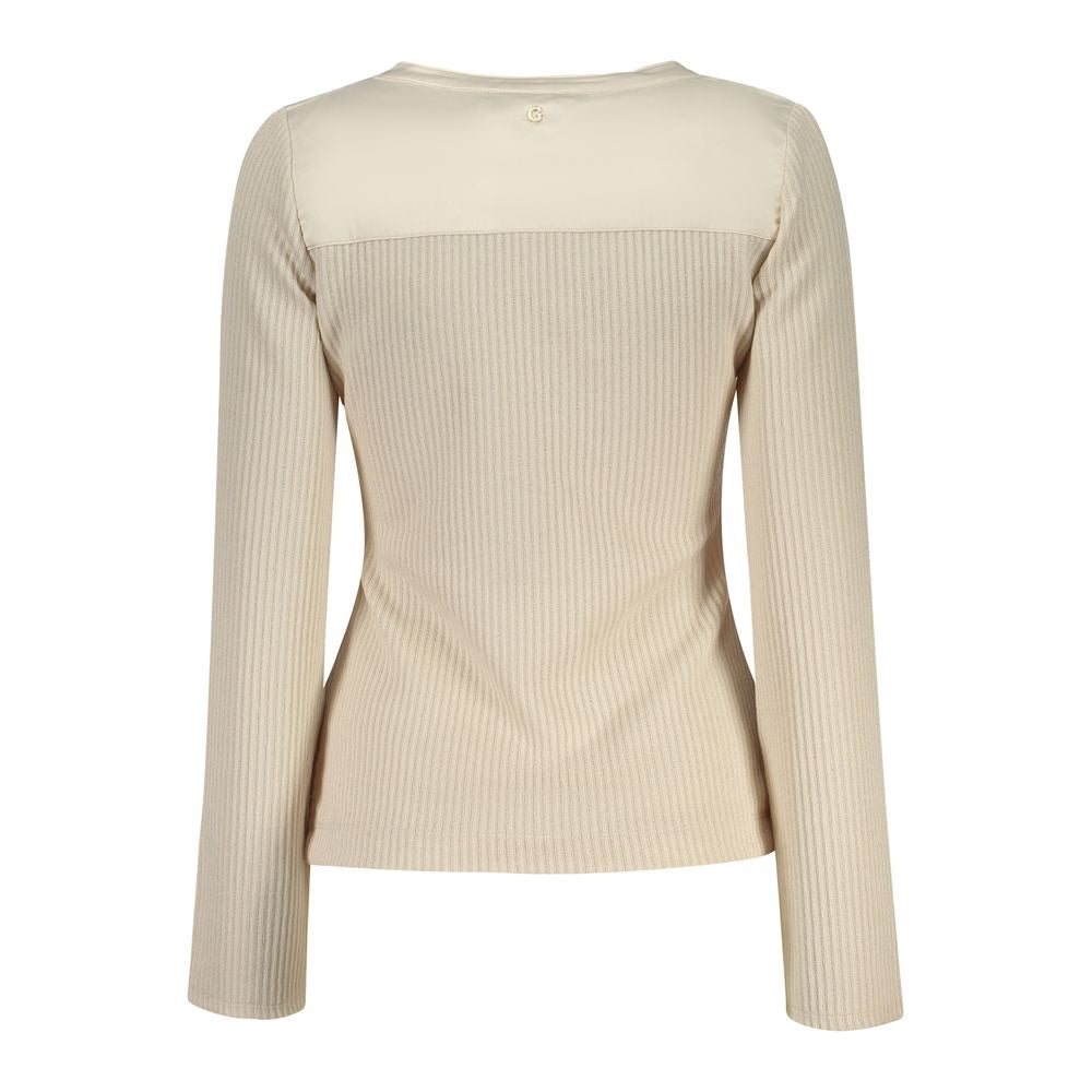 Pull beige en polyester pour femmes de Guess Jeans, pull-over élégant avec col rond et manches longues.
