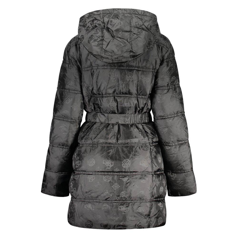 Veste pour femme Guess Jeans noire en polyamide, style décontracté avec fermeture éclair et col montant, vue de face.