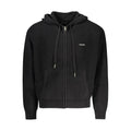 Cardigan homme en coton biologique noir de Guess Jeans, détail du tissu et coupe élégante visible sur l'image.