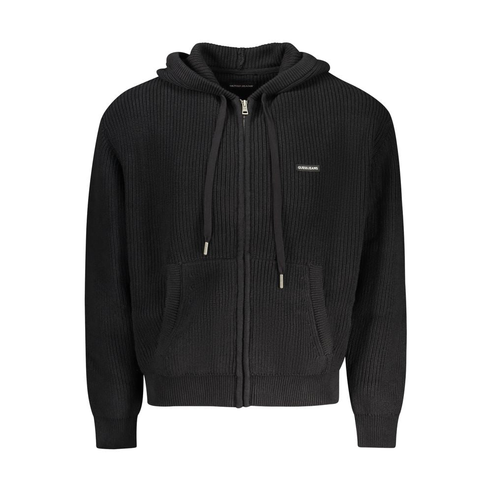 Cardigan homme en coton biologique noir de Guess Jeans, détail du tissu et coupe élégante visible sur l'image.