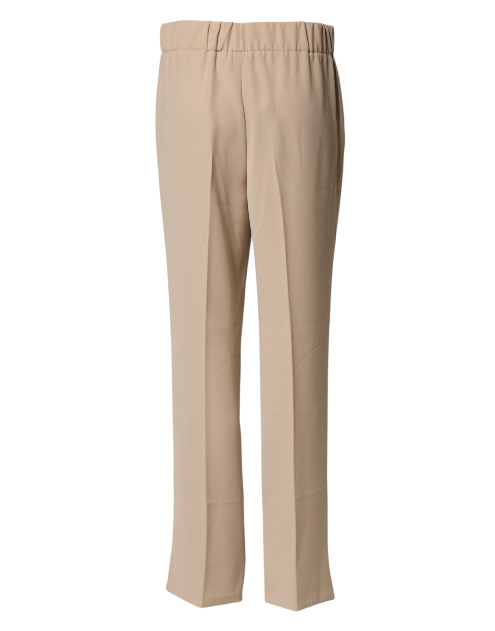 Pantalon chino beige à taille haute et coupe droite de la marque Emporio Armani, visible en gros plan.