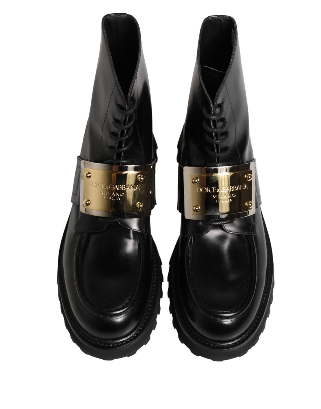 Bottes en cuir noir Dolce & Gabbana avec plaque DG, lacets, style élégant et moderne, vue de face.