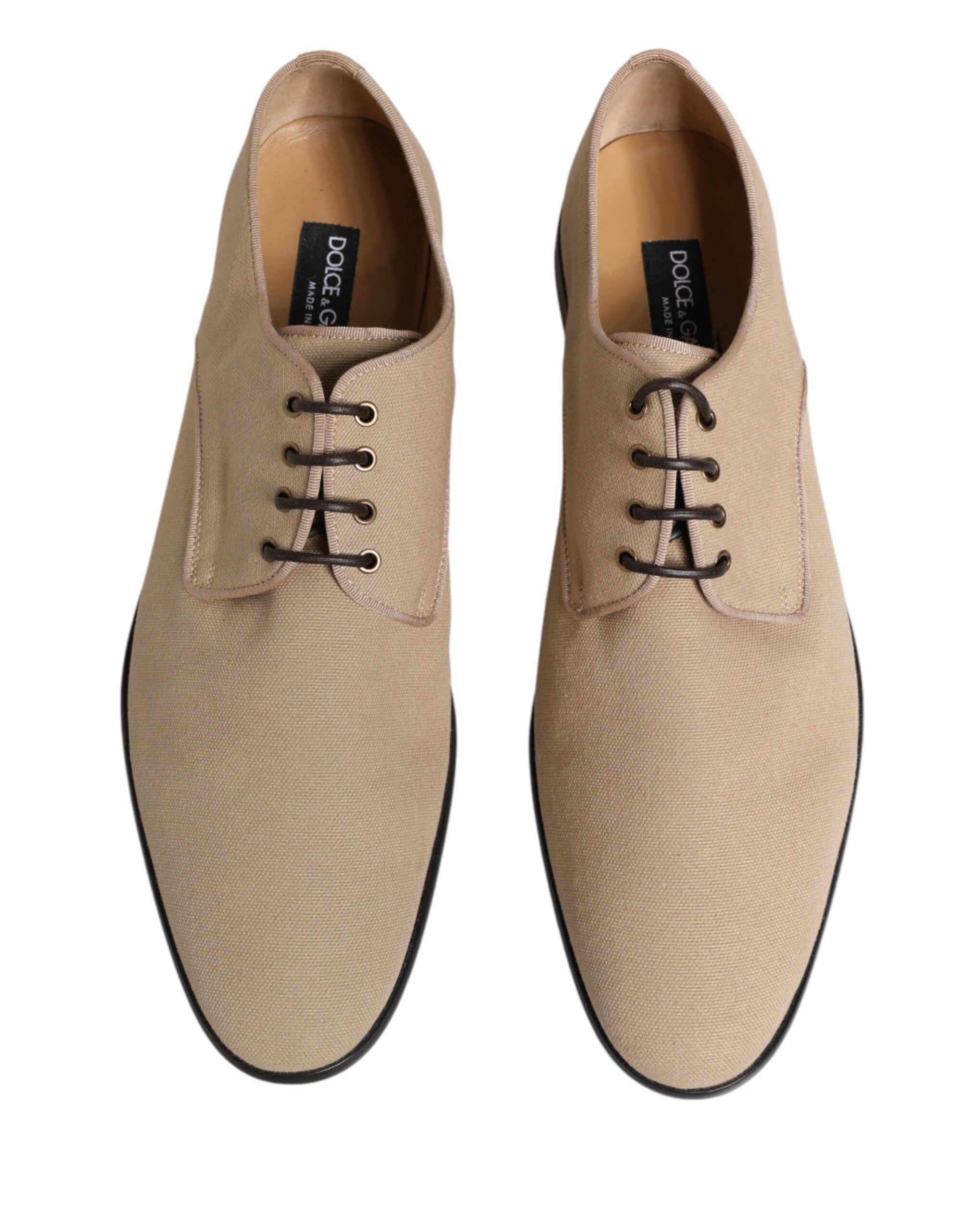 Chaussures derby homme Dolce & Gabbana en toile beige avec lacets, style élégant et confort.