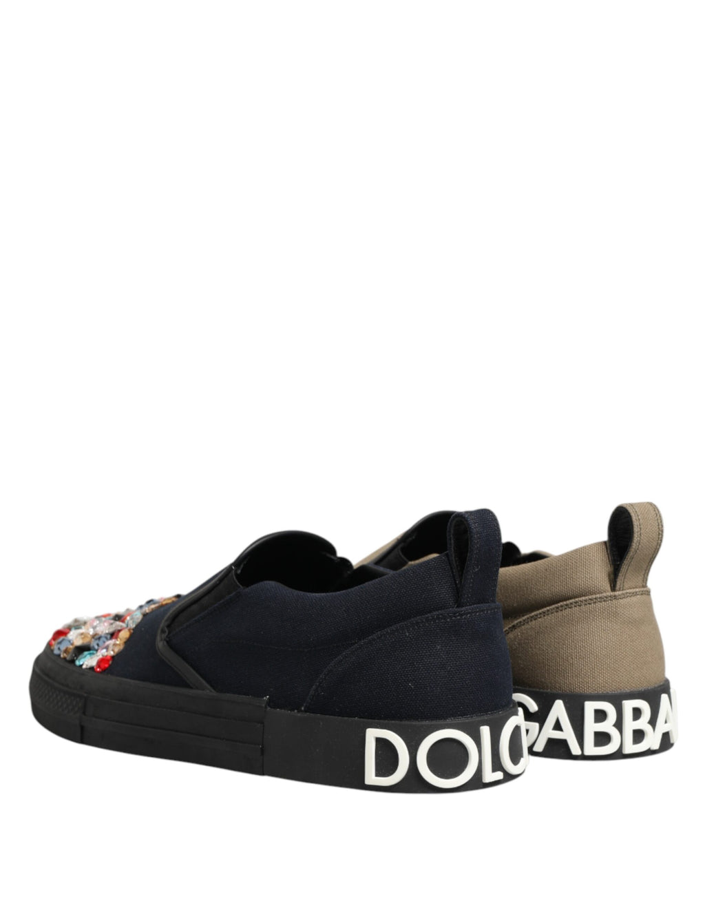 Chaussures slip-on pour homme Dolce & Gabbana en toile bleue ornée de détails embellis, baskets élégantes et confortables.