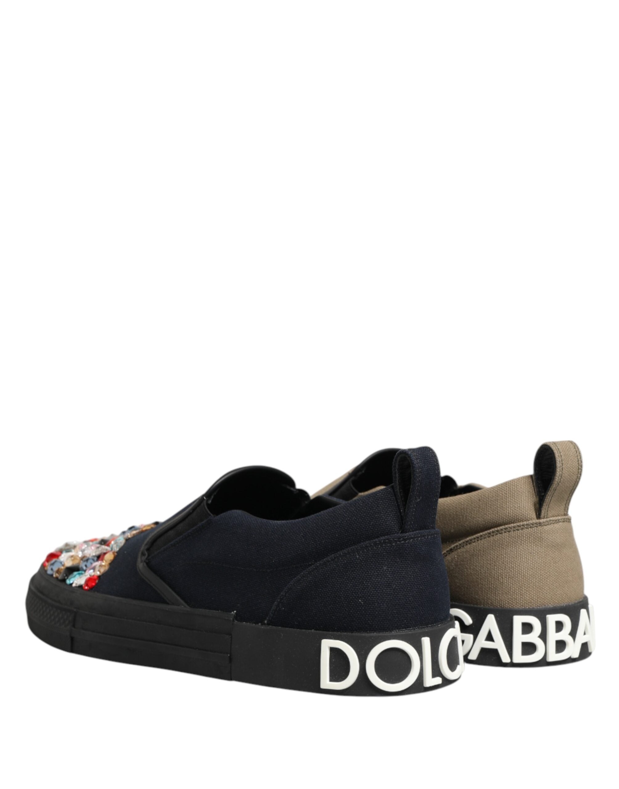 Chaussures slip-on pour homme Dolce & Gabbana en toile bleue ornée de détails embellis, baskets élégantes et confortables.