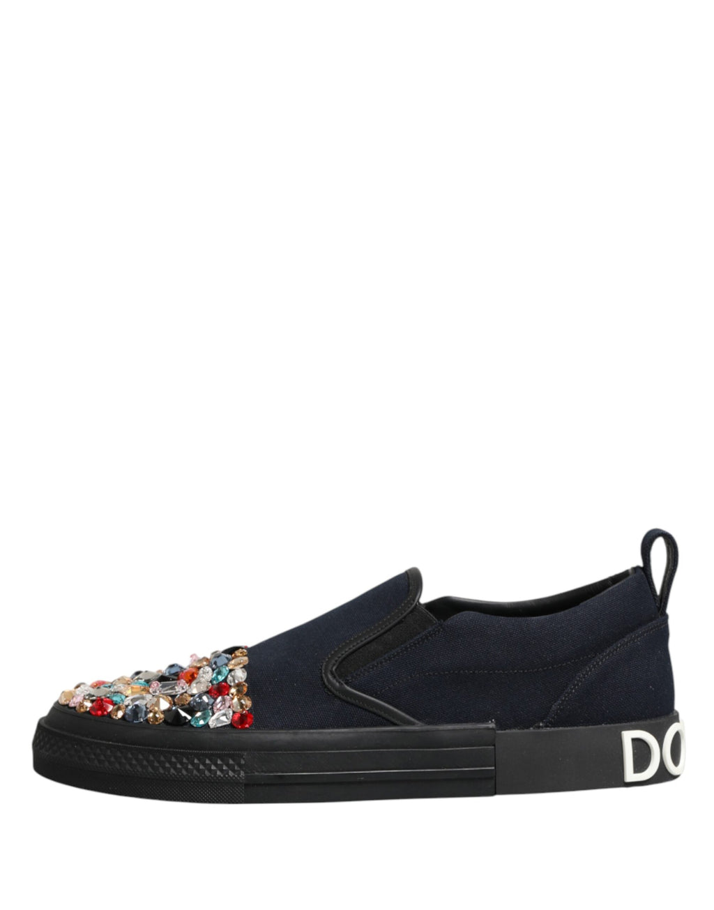 Chaussures slip-on pour hommes Dolce & Gabbana, baskets en toile bleue avec embellissements, style élégant et décontracté.