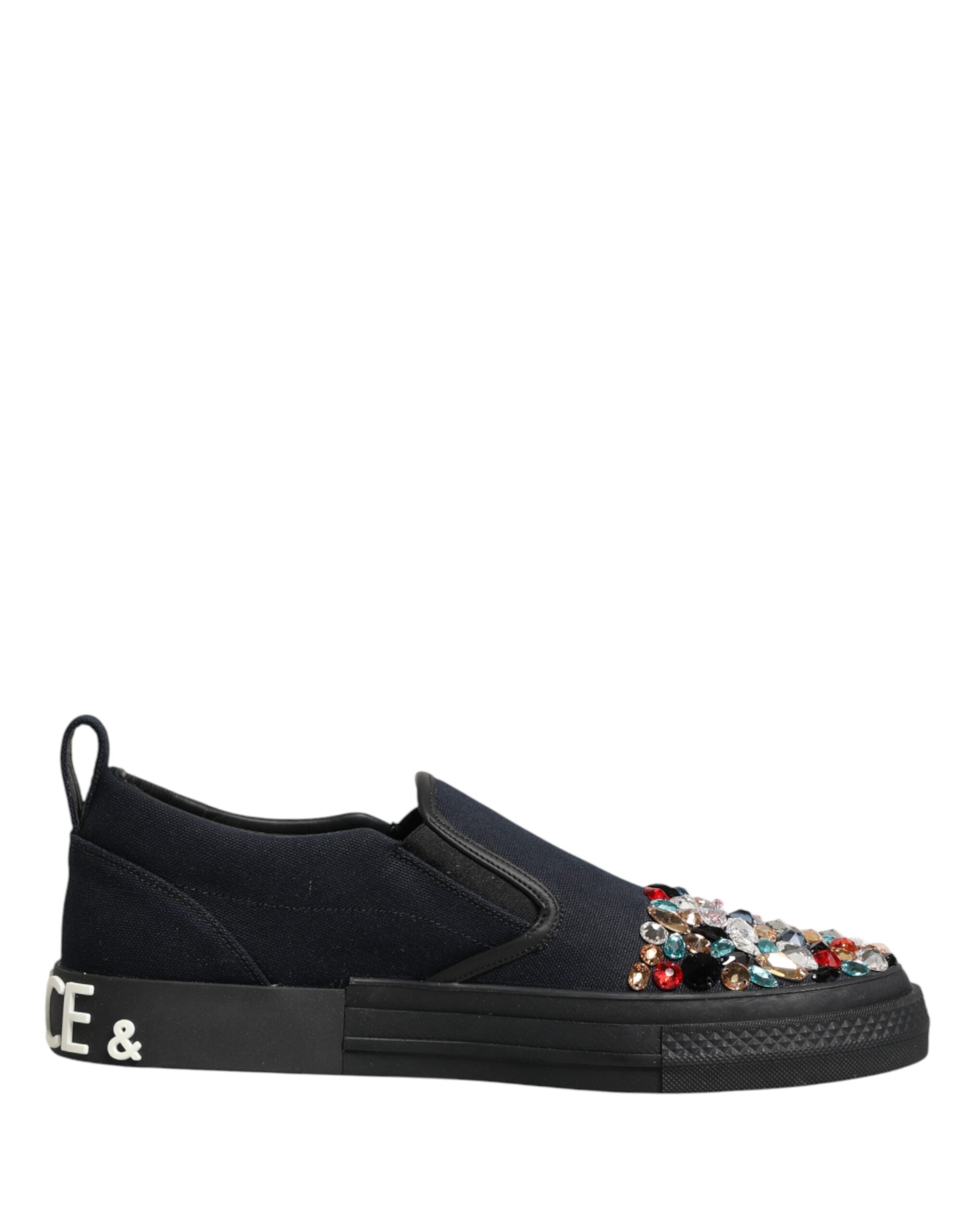 Chaussures sneakers pour homme Dolce & Gabbana en toile bleue ornée de détails embellis, style slip-on élégante.
