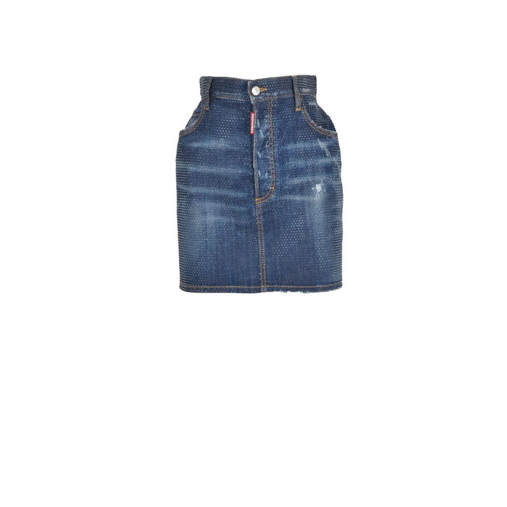 Jupe en jean bleue Dsquared², coupe classique, détails délavés, portée sur un mannequin, mode décontractée.