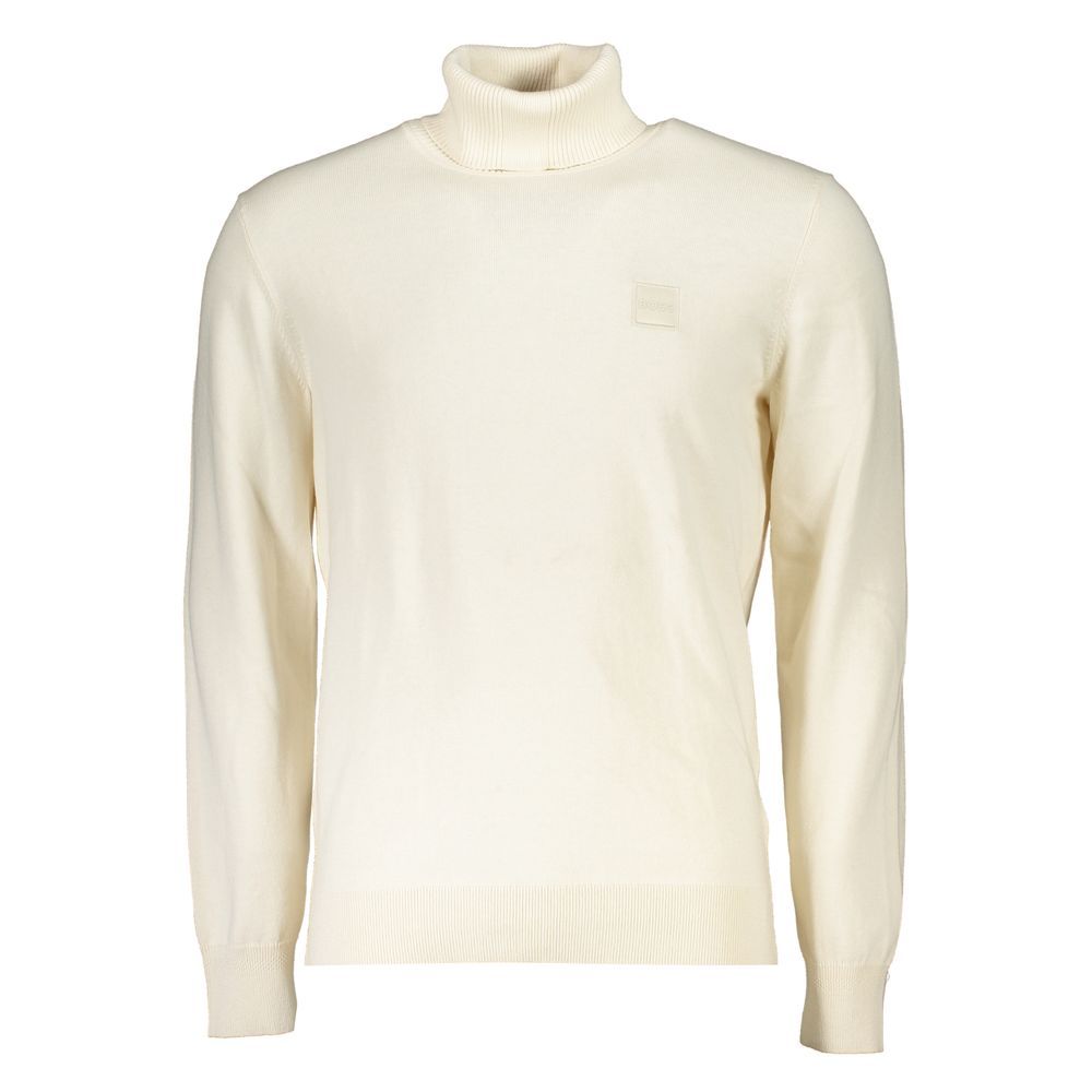 Pull en coton blanc Hugo Boss à col roulé, visible avec texture douce et design élégant, parfait pour un style sophistiqué.