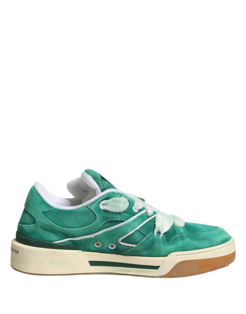 Chaussures Dolce & Gabbana New Roma en daim vert, baskets basses élégantes avec semelle blanche et design moderne.