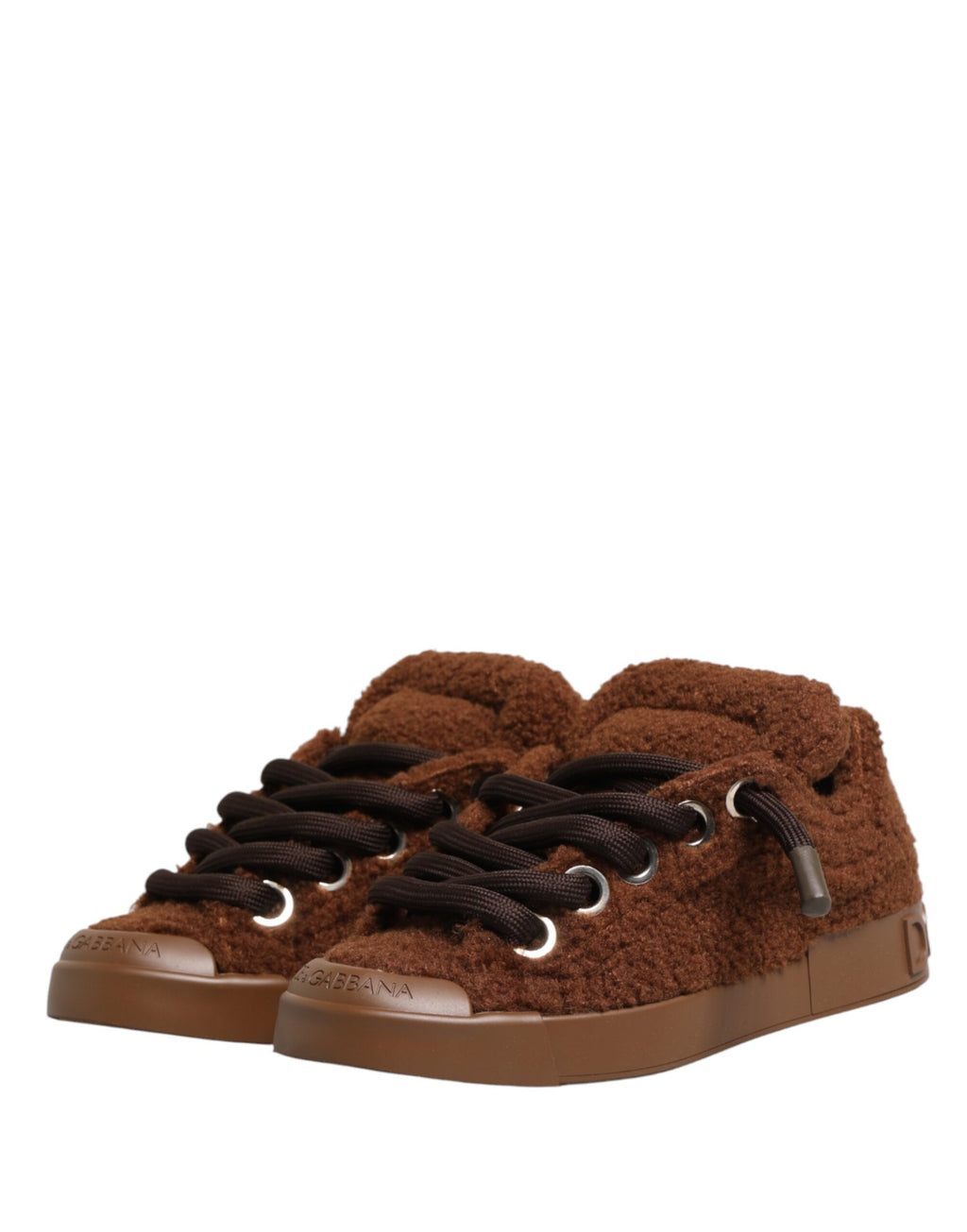 Chaussures basses Dolce & Gabbana en fausse shearling marron, baskets confortables avec design élégant.