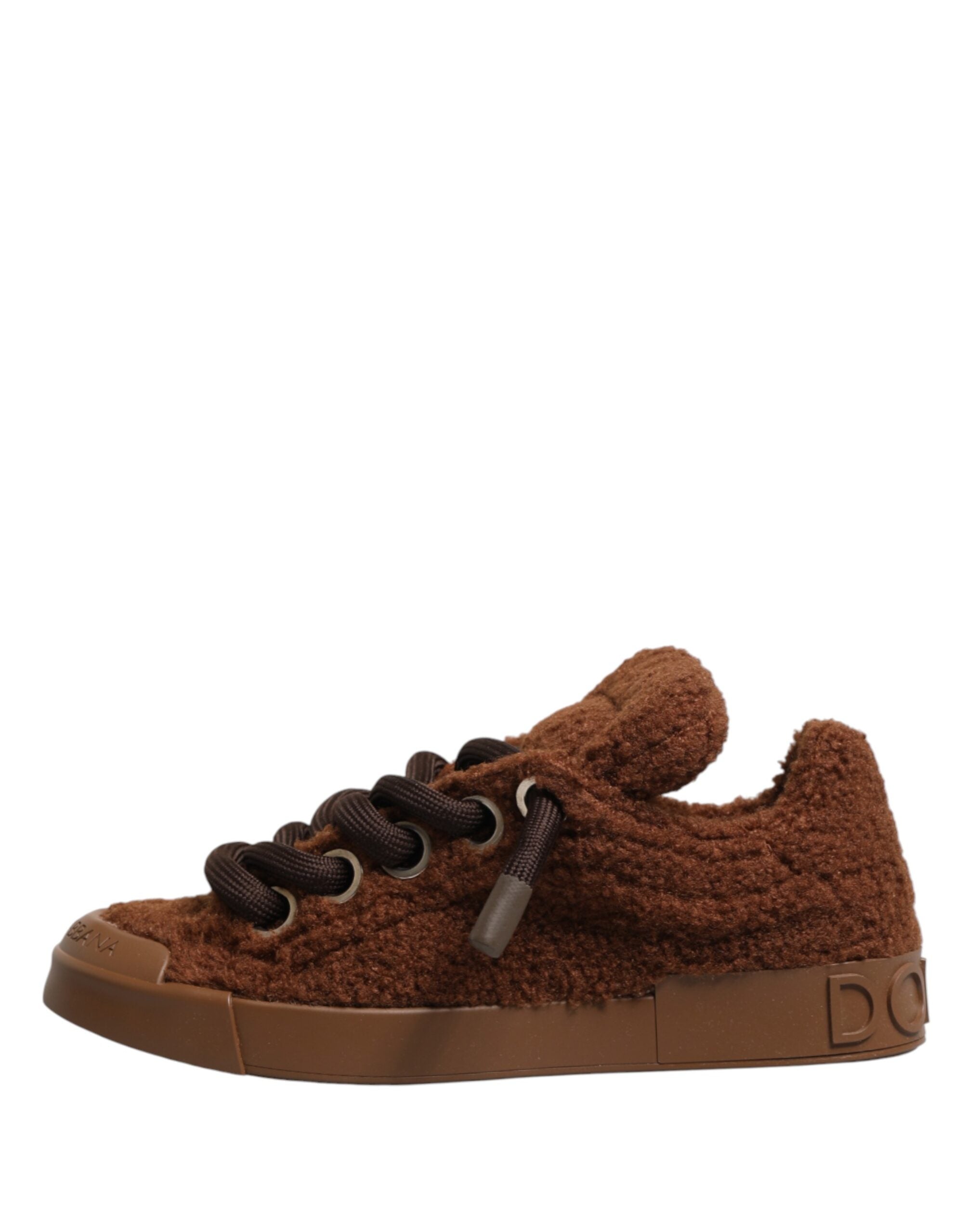 Chaussures sneakers basses Dolce & Gabbana en fausse shearling marron, style décontracté et tendance.