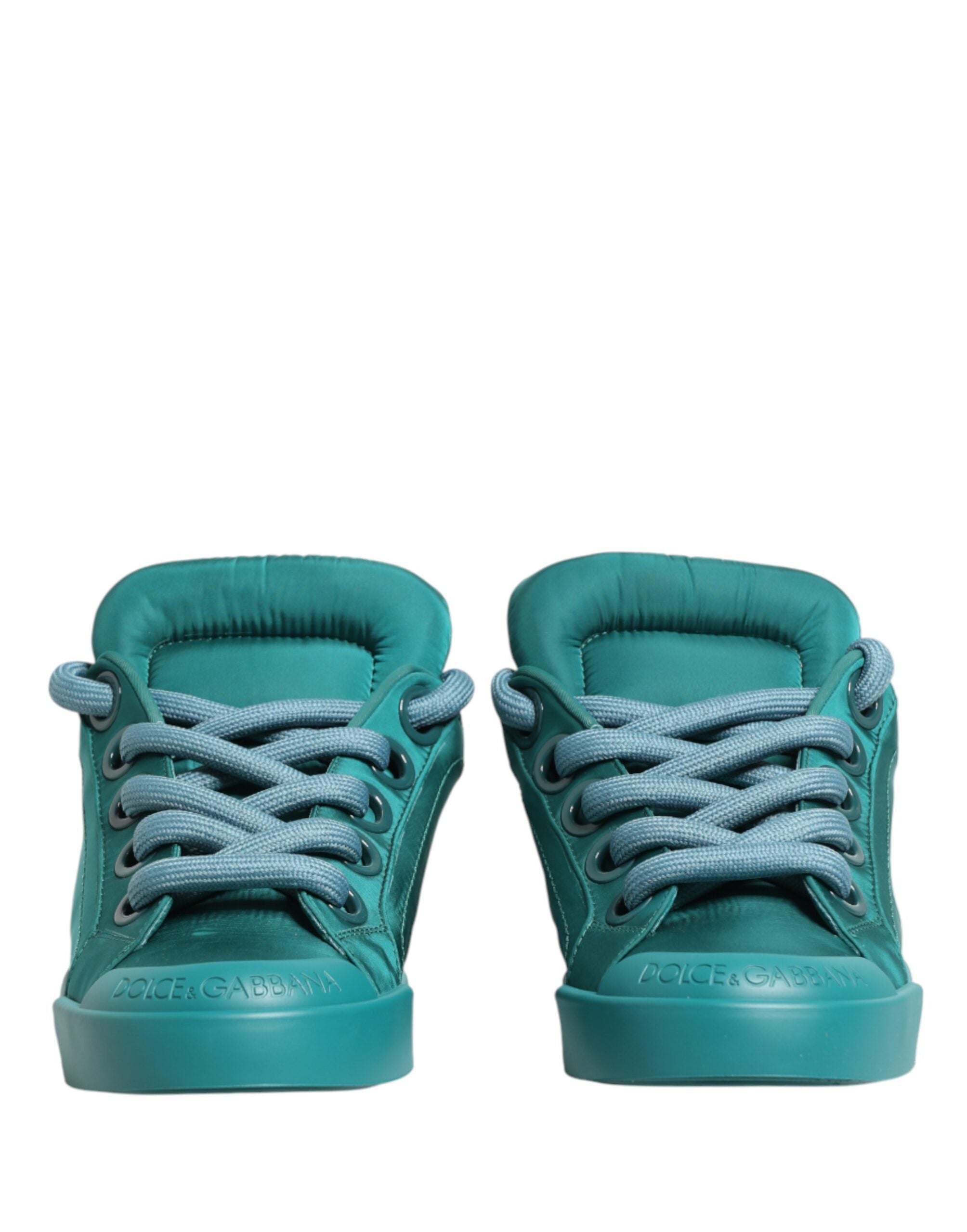 Chaussures basses portofino pour homme Dolce & Gabbana en teale, sneakers en toile avec détails élégants et semelle blanche.
