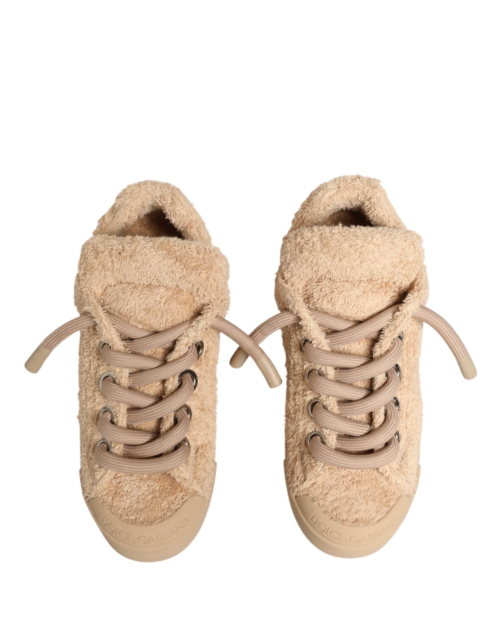 Chaussures Dolce & Gabbana sneakers basses beiges en fausse fourrure synthétique, style décontracté et confortable.