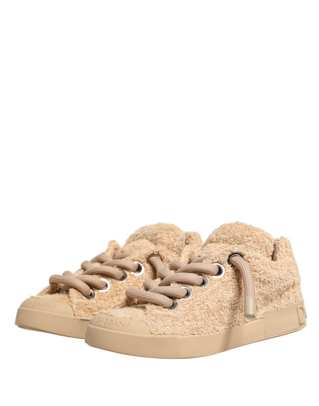 Chaussures Dolce & Gabbana beige en similée de shearling, baskets basses confortables et élégantes, vue en gros plan