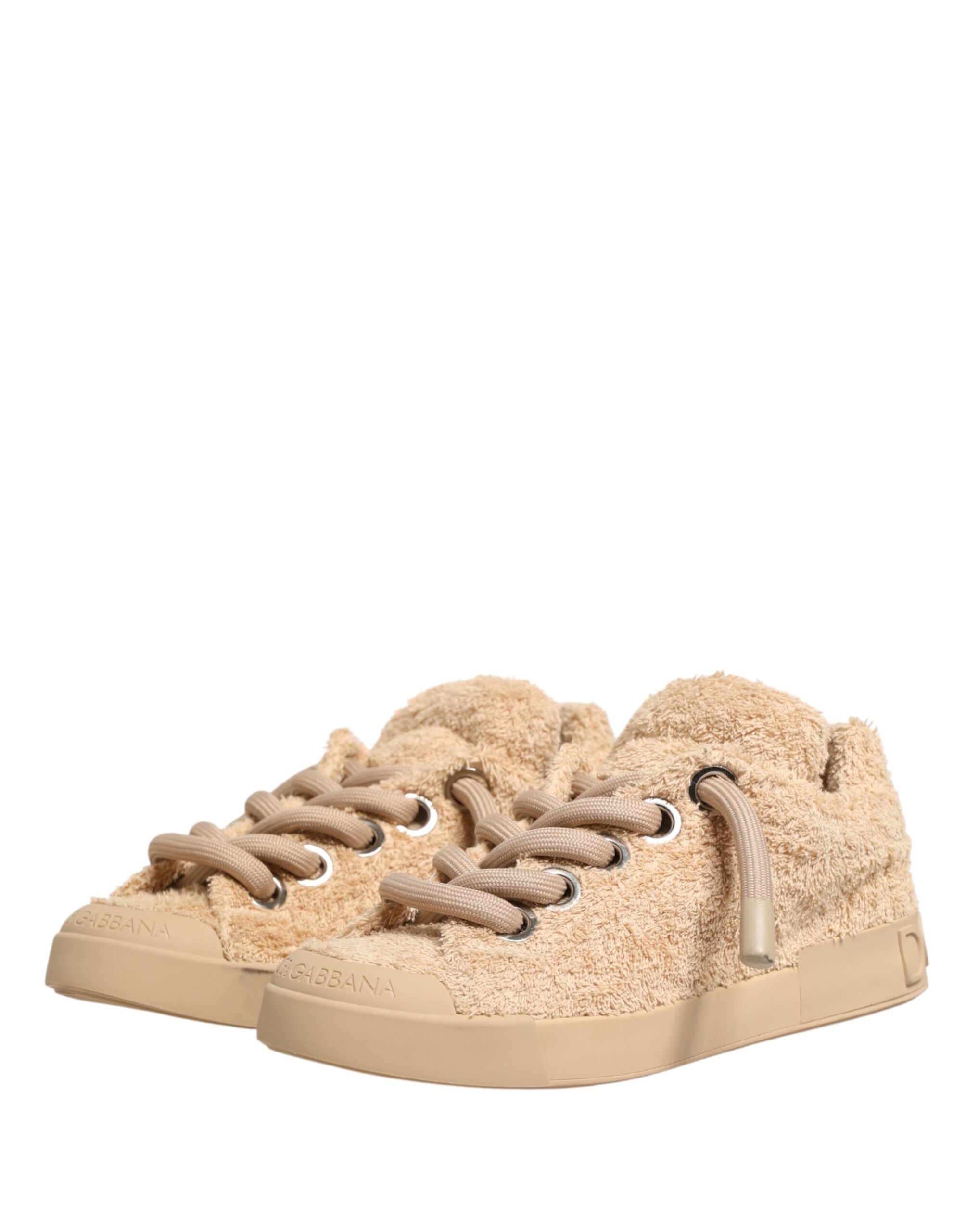Chaussures Dolce & Gabbana beige en similée de shearling, baskets basses confortables et élégantes, vue en gros plan