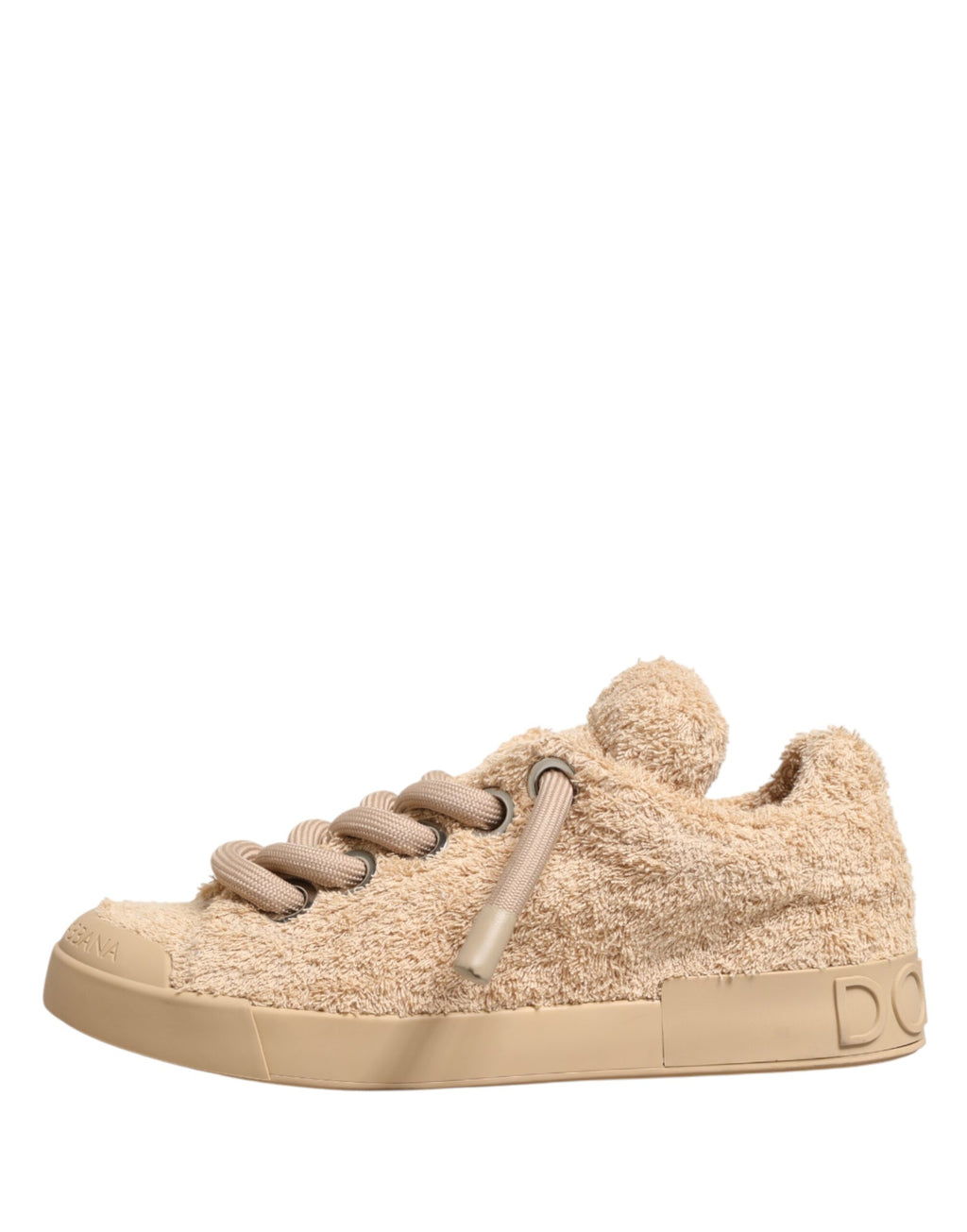 Chaussures Dolce & Gabbana beige en fausse fourrure, baskets basses élégantes avec doublure en shearling, pour un style décontracté.