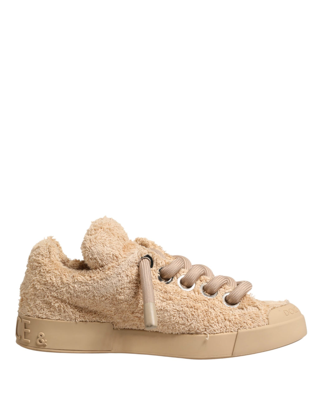 Chaussures Dolce & Gabbana en beige avec fausse peau de mouton, baskets basses élégantes et confortables.