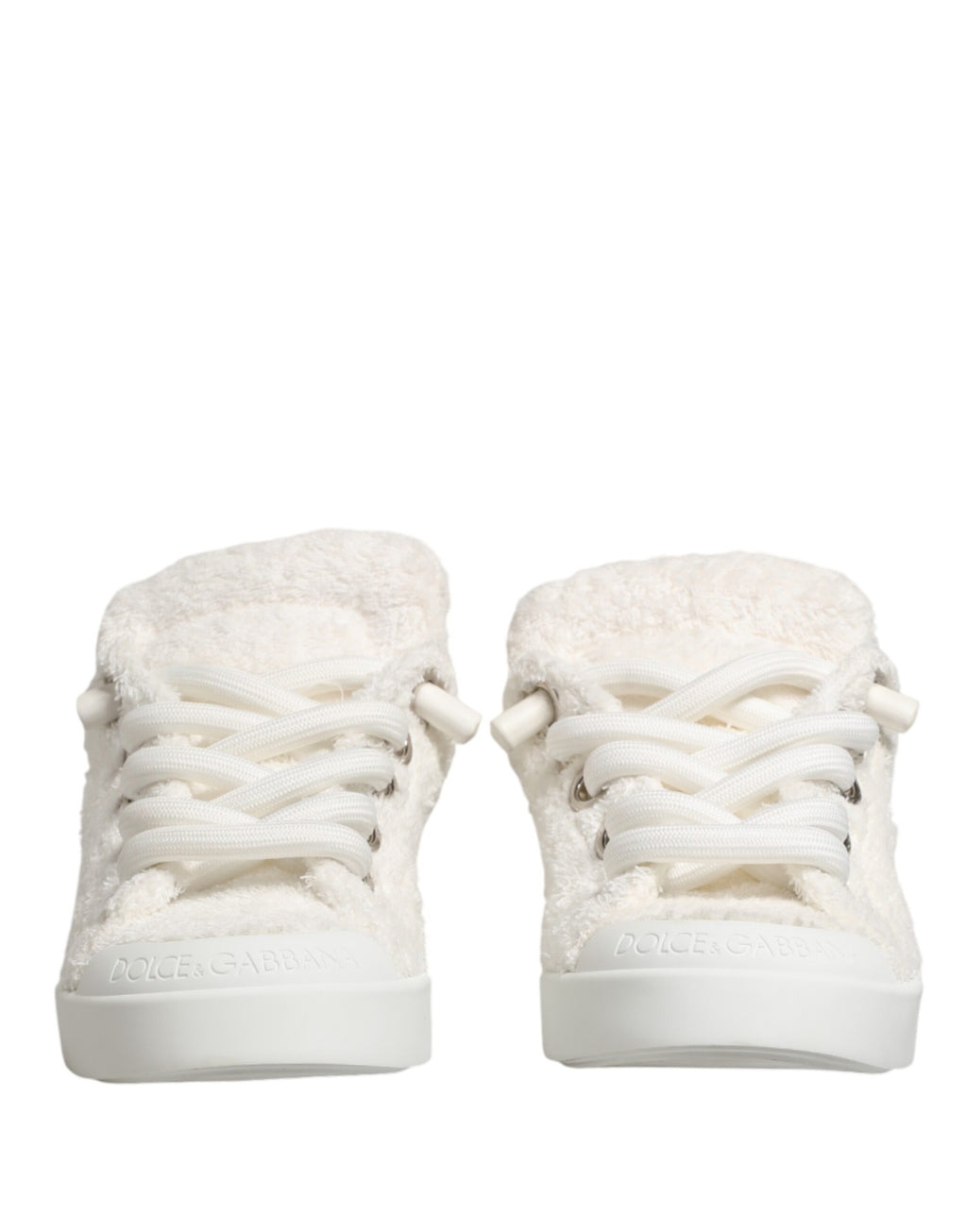 Chaussures basses blanches Dolce & Gabbana en fausse shearling, sneakers élégants en cuir synthétique.