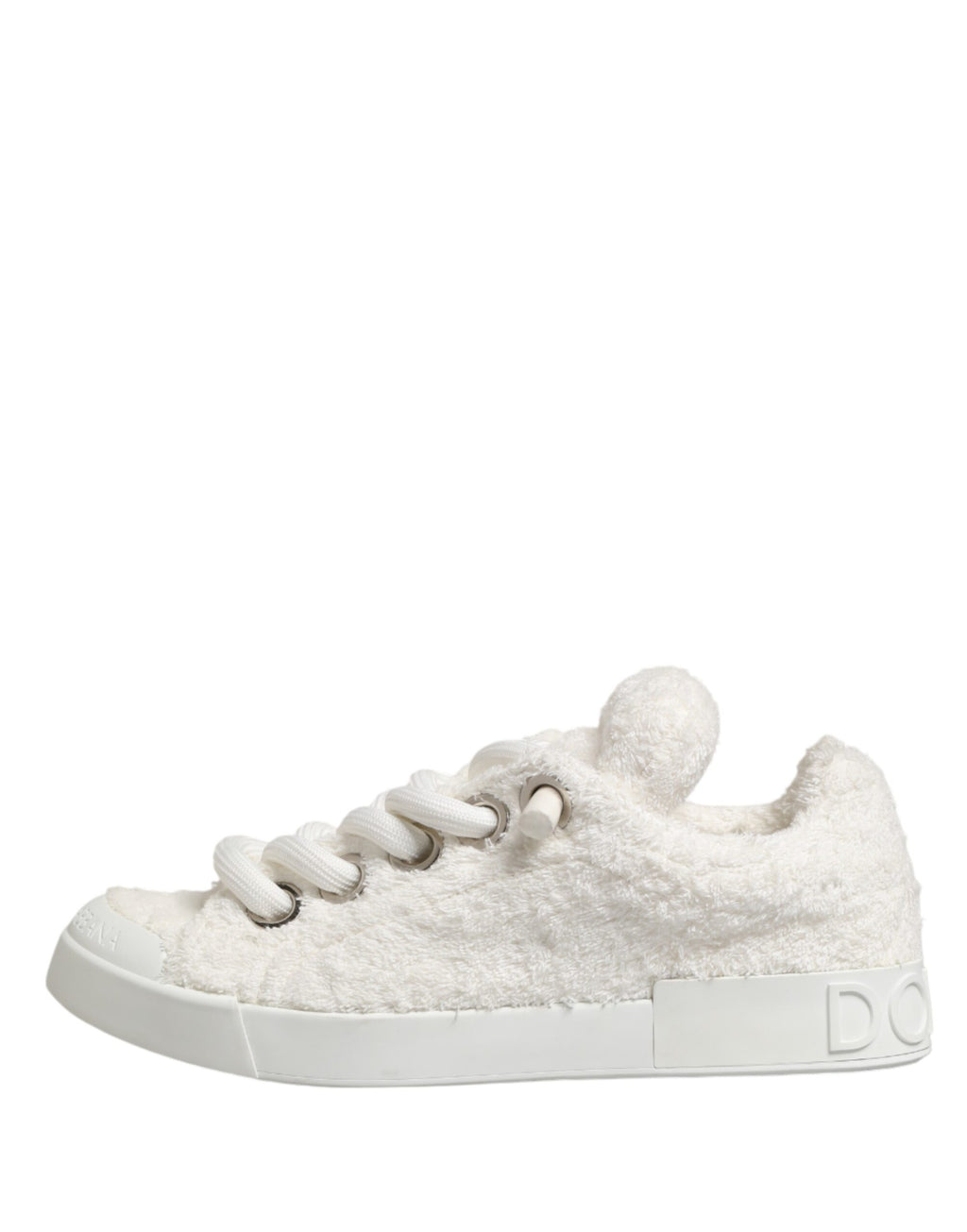 Chaussures sneakers basses en fausse fourrure blanche Dolce & Gabbana, style décontracté et élégant, vues de face.