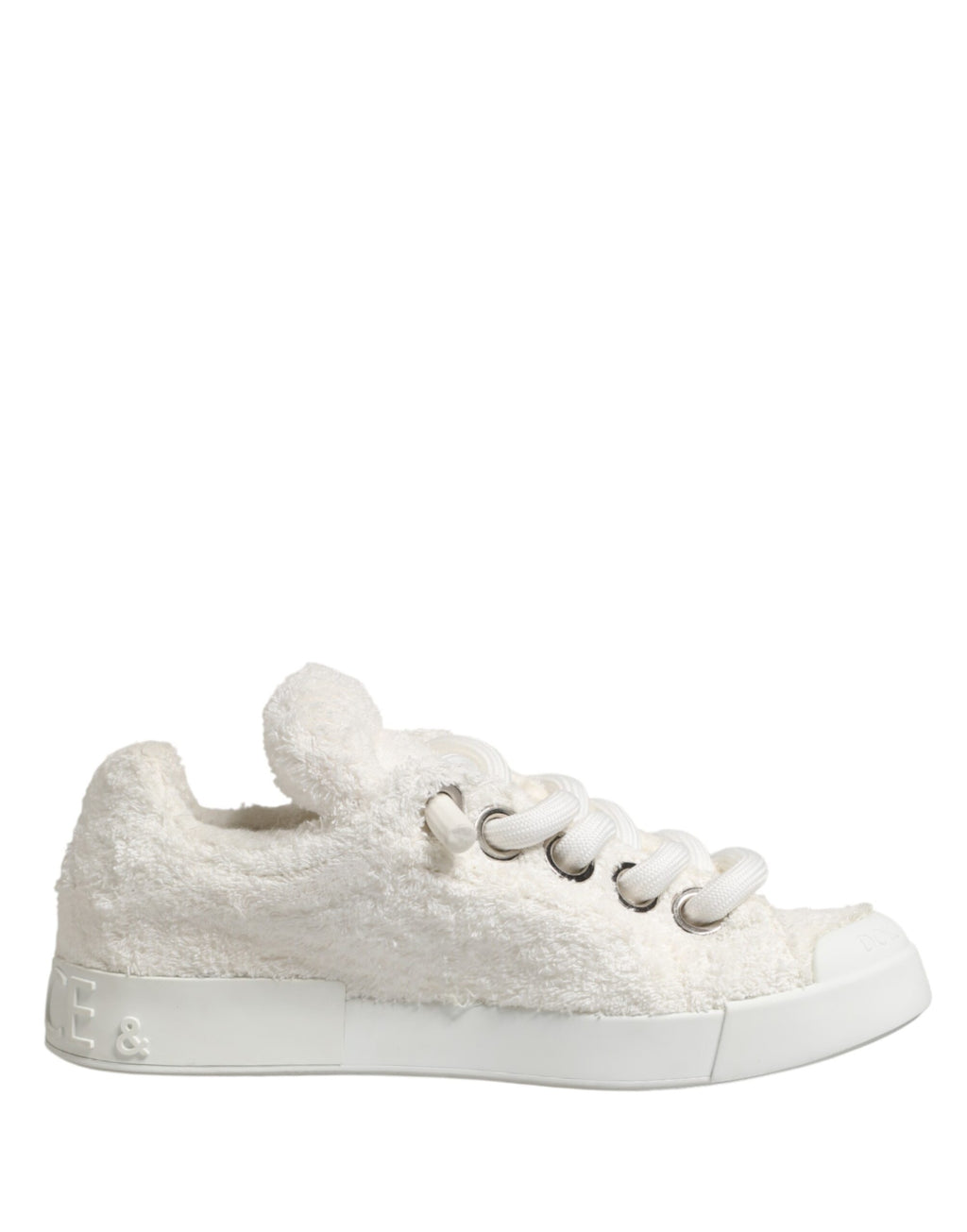 Chaussures basses en fausse peau de mouton blanche Dolce & Gabbana, sneakers élégants et confortables pour femmes.