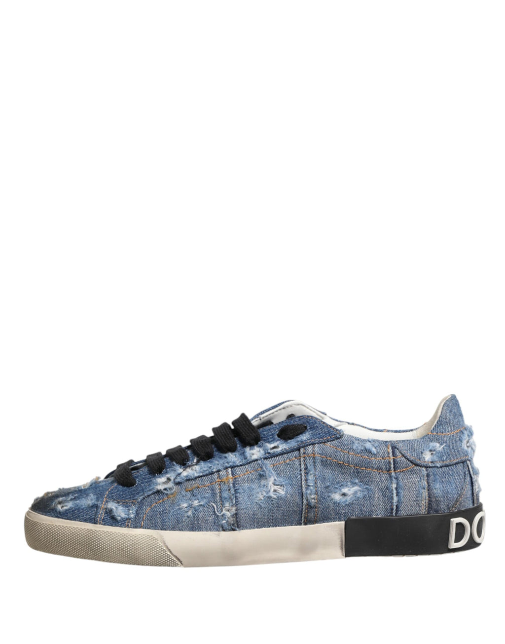 Chaussures sneakers basses en denim bleu délavé de Dolce & Gabbana, style décontracté, détails usés, pour homme.