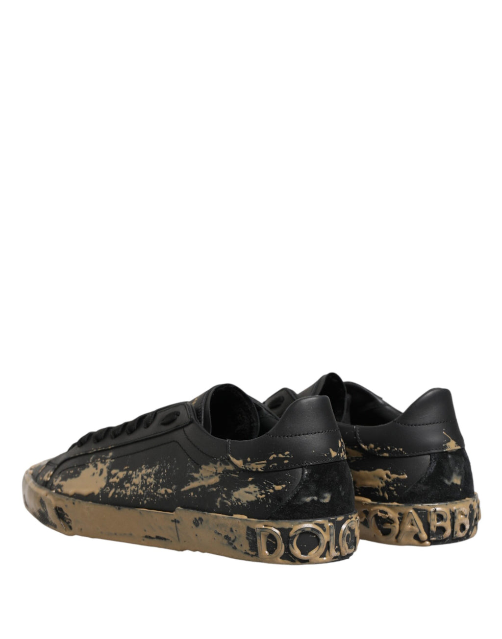 Chaussures basses Dolce & Gabbana Portofino en effet boue noir, sneakers élégants en cuir avec semelle blanche.