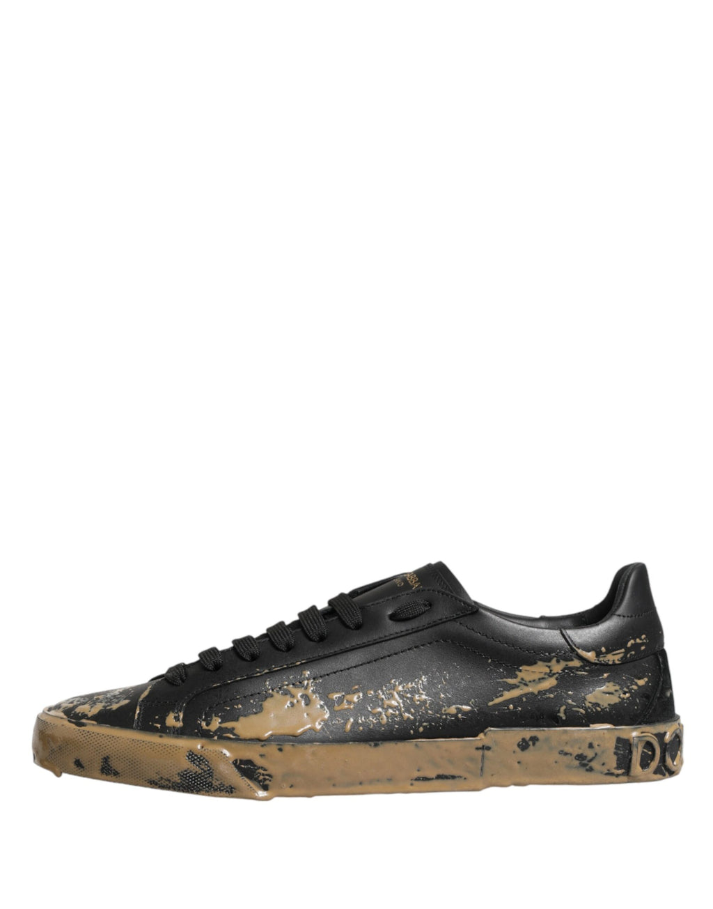 Chaussures basses Dolce & Gabbana Portofino noires avec effet boue, sneakers en cuir pour homme.