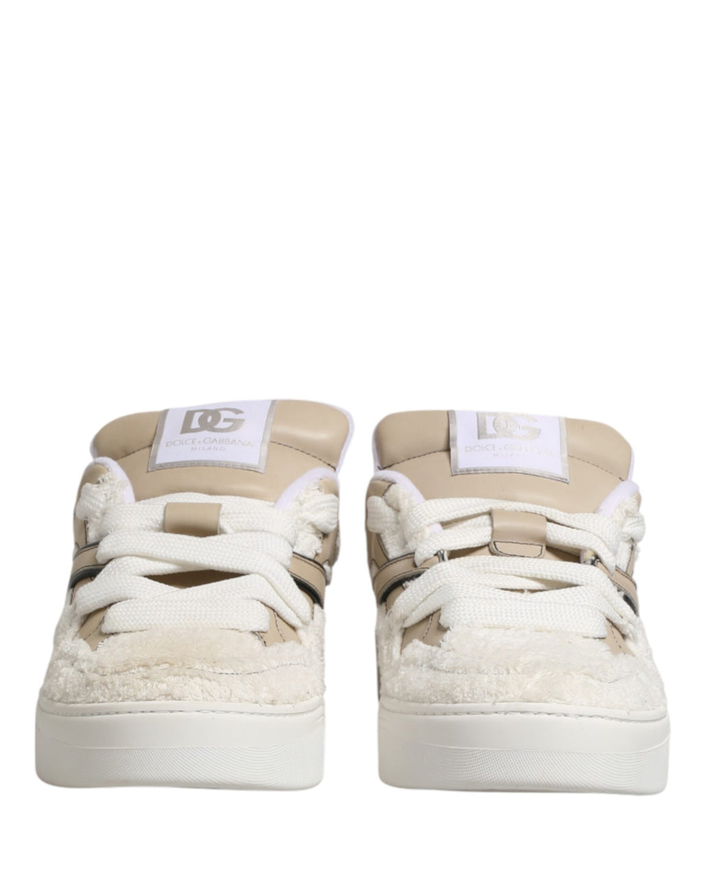 Chaussures sneakers basses Dolce & Gabbana en fausse shearling blanc et beige, style décontracté et tendance.