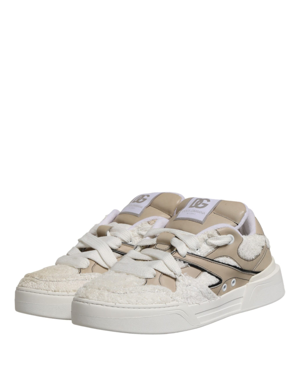 Chaussures sneakers basses Dolce & Gabbana en fausse shearling blanc et beige, style décontracté et tendance.