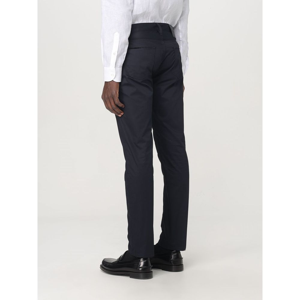 Pantalons décontractés en coton bleu de la marque Emporio Armani, vue de face, avec détails de couture visibles.