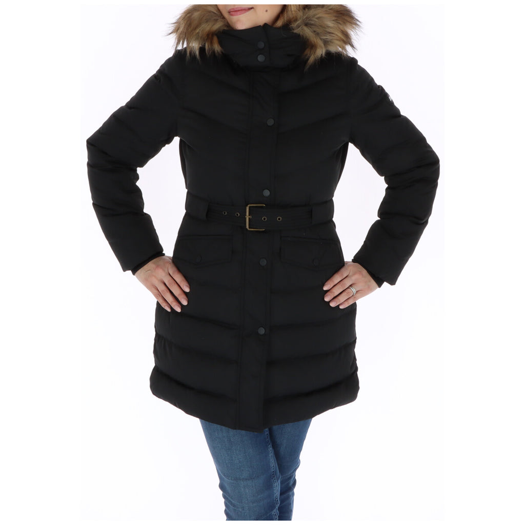 Manteau en polyester noir de Pepe Jeans, coupe élégante, porté sur un mannequin dans une image de produit.