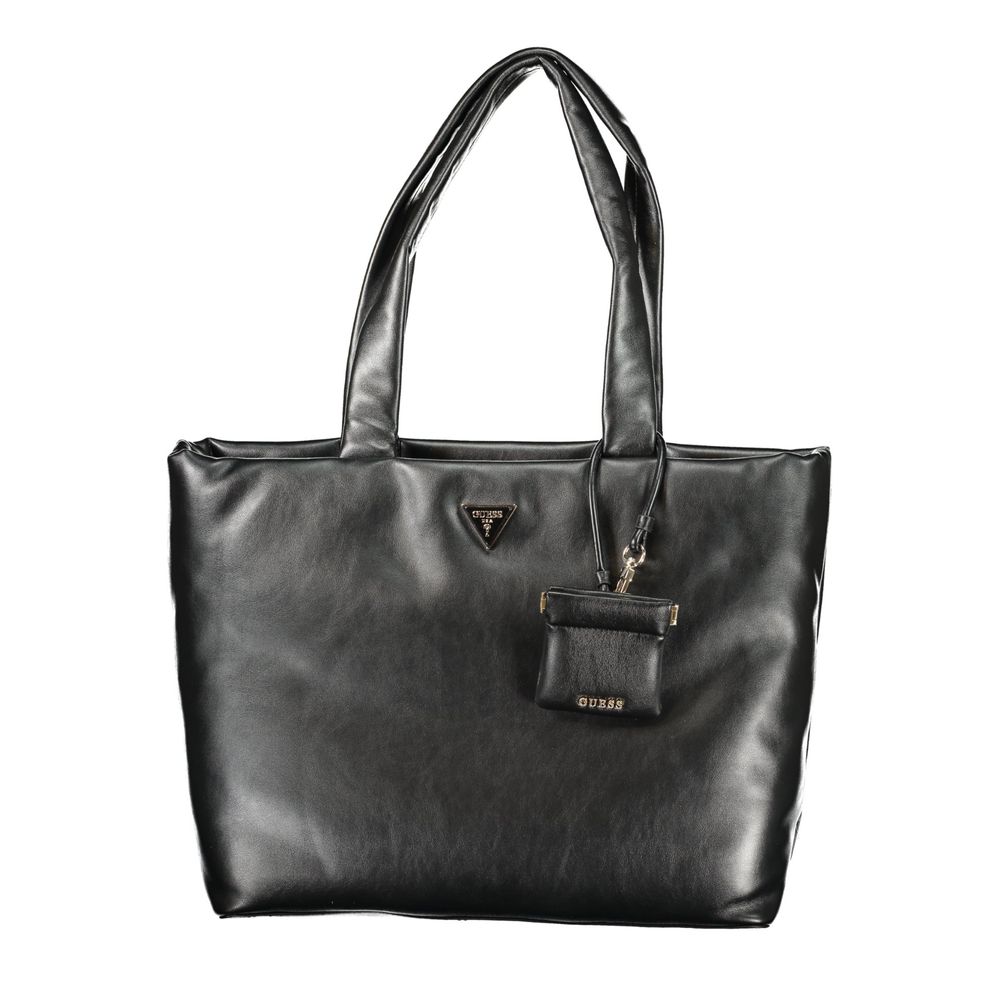 Sac à main noir en polyuréthane Guess Jeans pour femmes, style élégant et moderne, avec poignées et détails tendance.