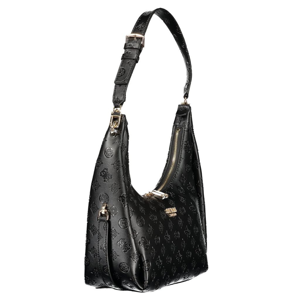 Sac à main noir en polyurethane pour femmes de Guess Jeans, design élégant avec détails modernes.