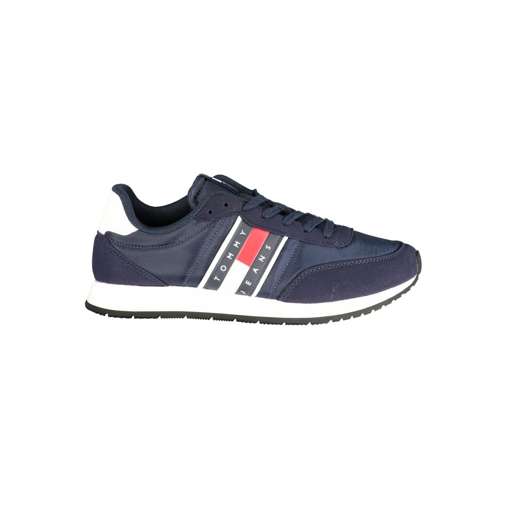 Chaussure sneaker homme en polyuréthane bleu Tommy Hilfiger, style décontracté avec semelle blanche et design moderne.
