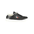 Sneakers pour hommes Tommy Hilfiger en polyuréthane noir, style décontracté avec semelle blanche, vue de côté.