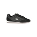 Sneakers pour homme Calvin Klein en polyester noir, vue en gros plan montrant la tige et la semelle.