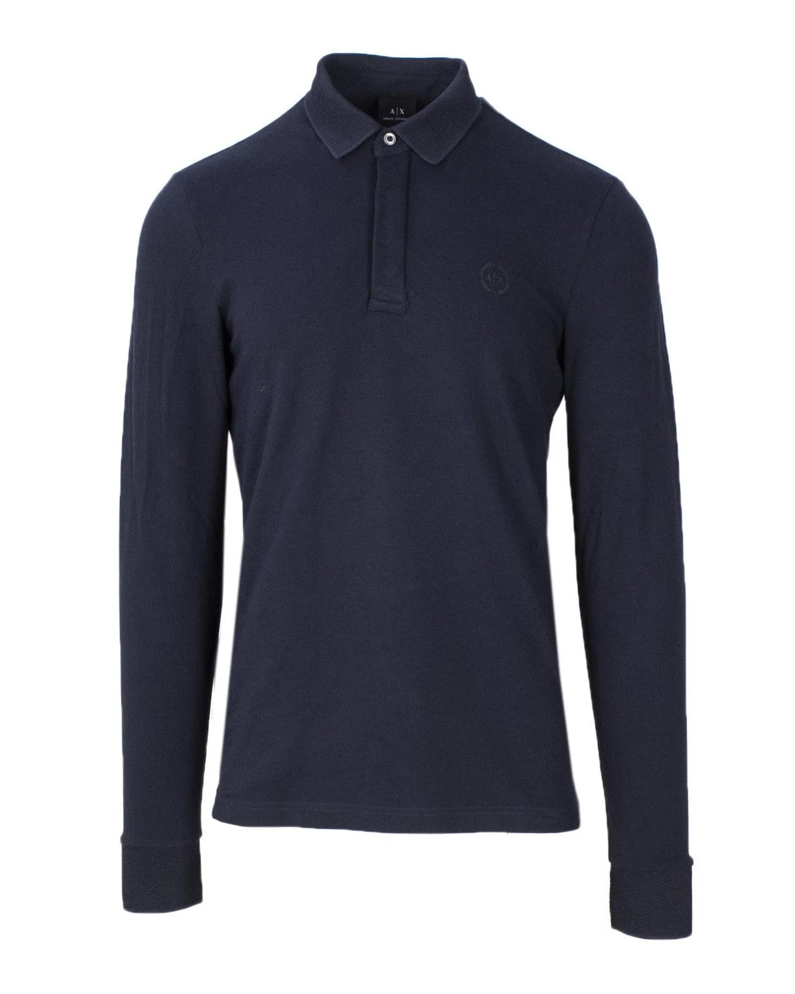 Chemise polo bleue en coton Armani Exchange avec col et boutons, vue de face.