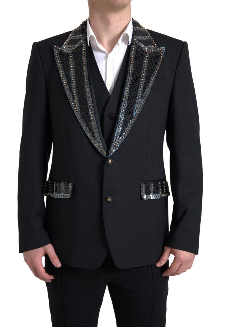 Costume deux pièces en laine noire Dolce & Gabbana, veste et pantalon élégants pour homme.