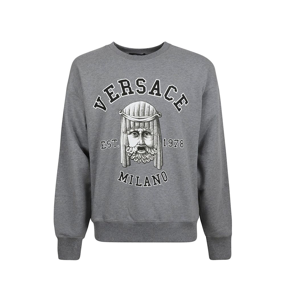 Sweat-shirt gris en coton de la marque Versace, comfortable et élégant, avec logo distinctif sur la poitrine.