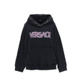 Sweat-shirt en coton noir de la marque Versace avec logo emblématique, porté sur un mannequin.