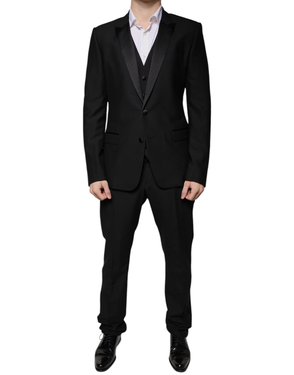 Costume de smoking noir en laine vierge Dolce & Gabbana, veste élégante avec détails sophistiqués.