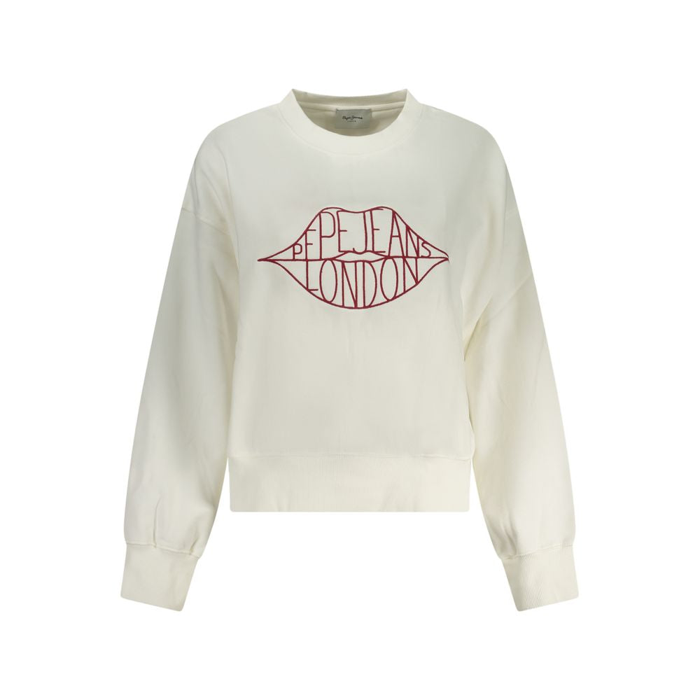 Sweat-shirt pour femmes Pepe Jeans en coton blanc, style décontracté, avec logo discret, porté sur un mannequin.