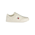 Sneaker blanche en polyuréthane pour homme de la marque Tommy Hilfiger, vue de face, avec semelle blanche et design moderne.