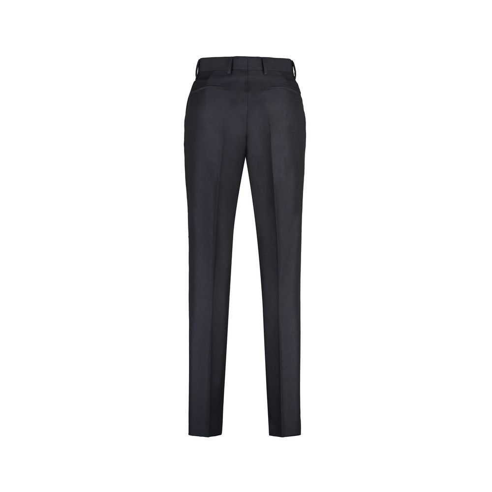 Pantalon en mohair bleu Prada pour femme, coupe élégante et tissu doux, porté sur un mannequin.