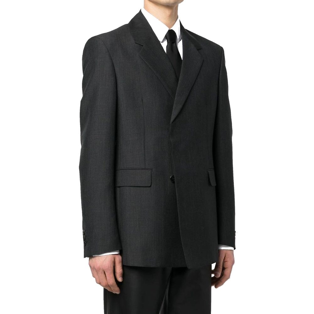 Veste en laine grise de Prada, blazer élégant pour hommes ou femmes, avec coupe classique et détails sophistiqués.